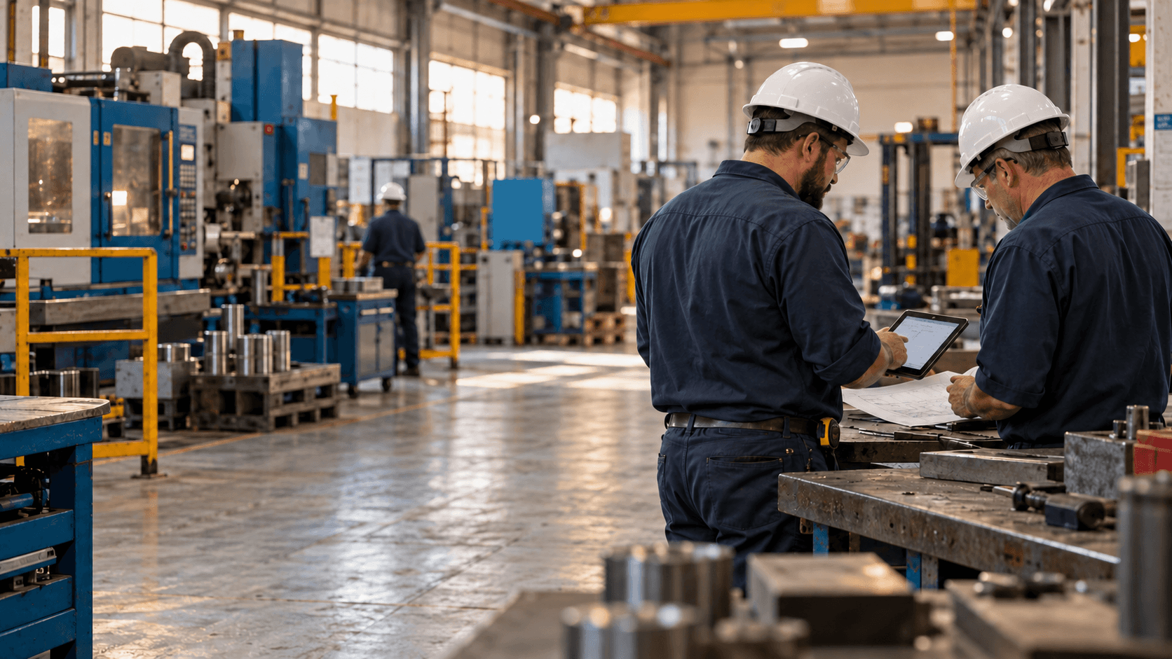 Factory colleagues reviewing production notes
