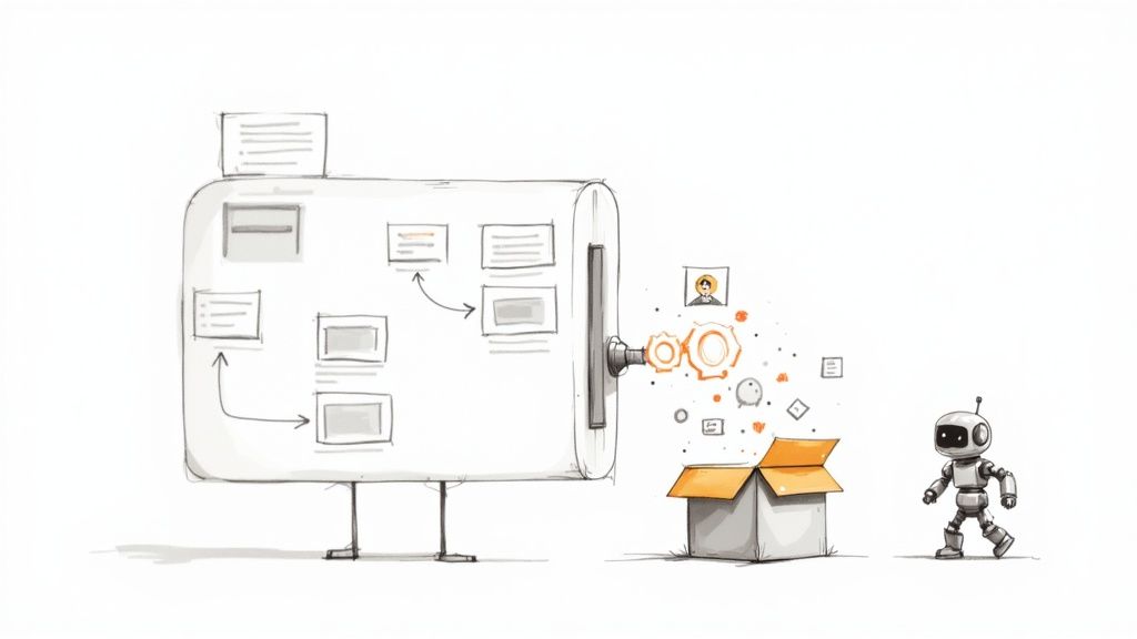 An illustration showing a computer screen with data being extracted and flowing into a CRM system, symbolizing automated lead generation.