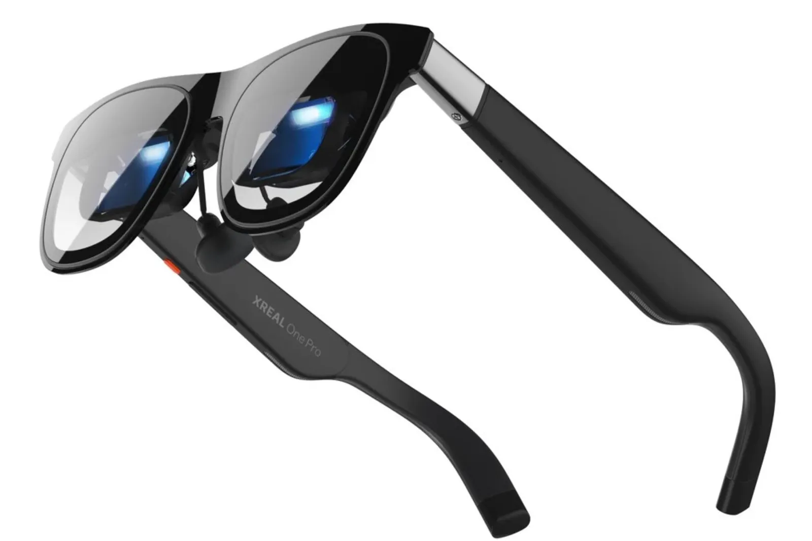 Sleek black smart glasses with tinted lenses and built-in electronic components, showcasing modern wearable technology.