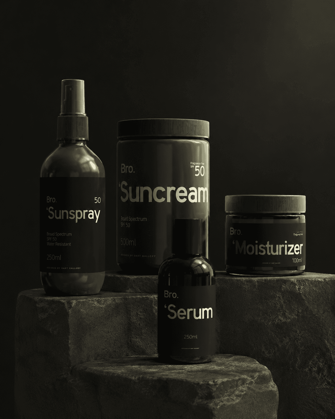 Skincare bottles: Sunspray, Suncream, Serum, Moisturizer