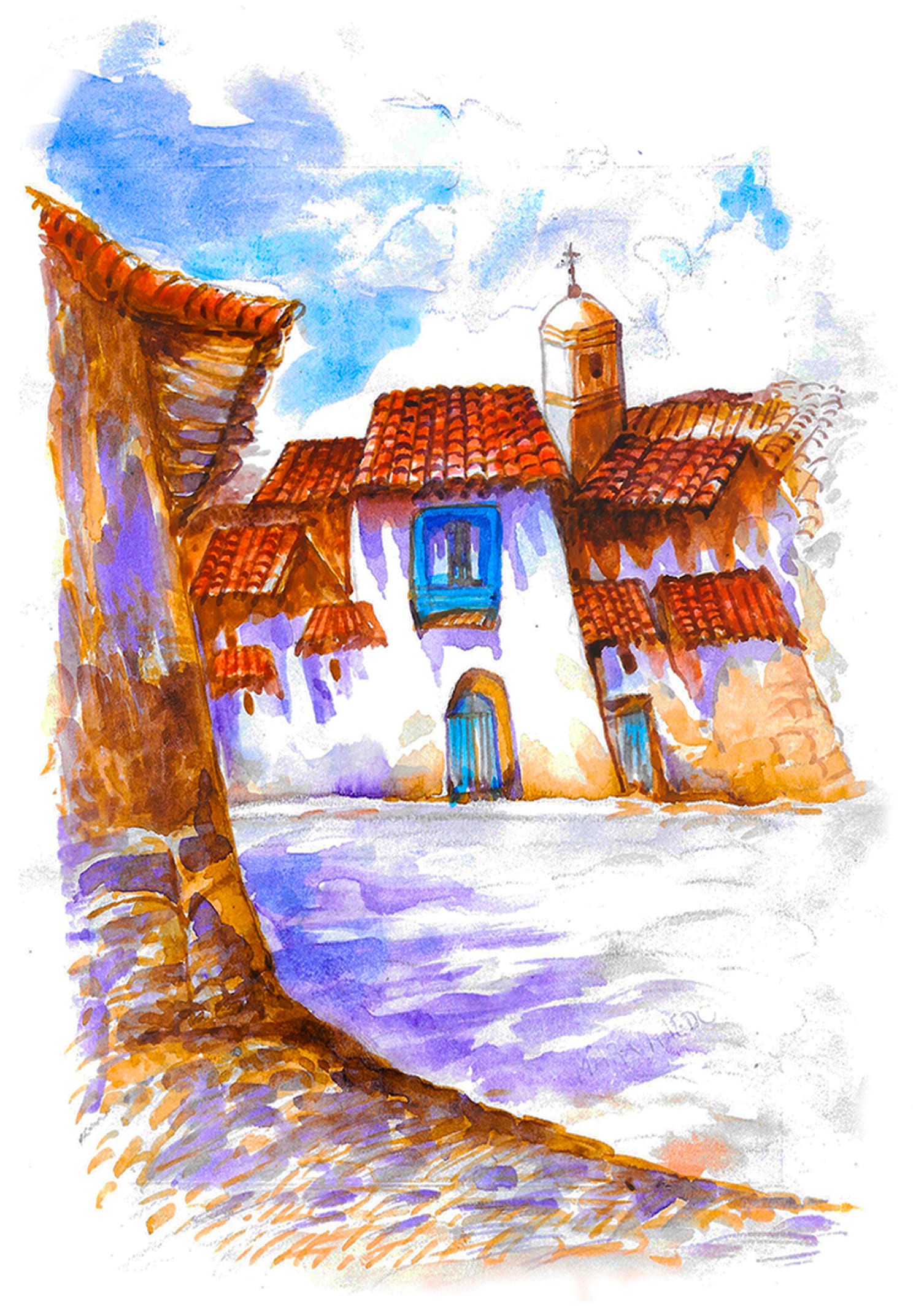 Watercolor illustration of a Cusco street corner with white adobe houses, red tiled roofs and a small church tower, painted with vibrant colors and expressive brushwork.