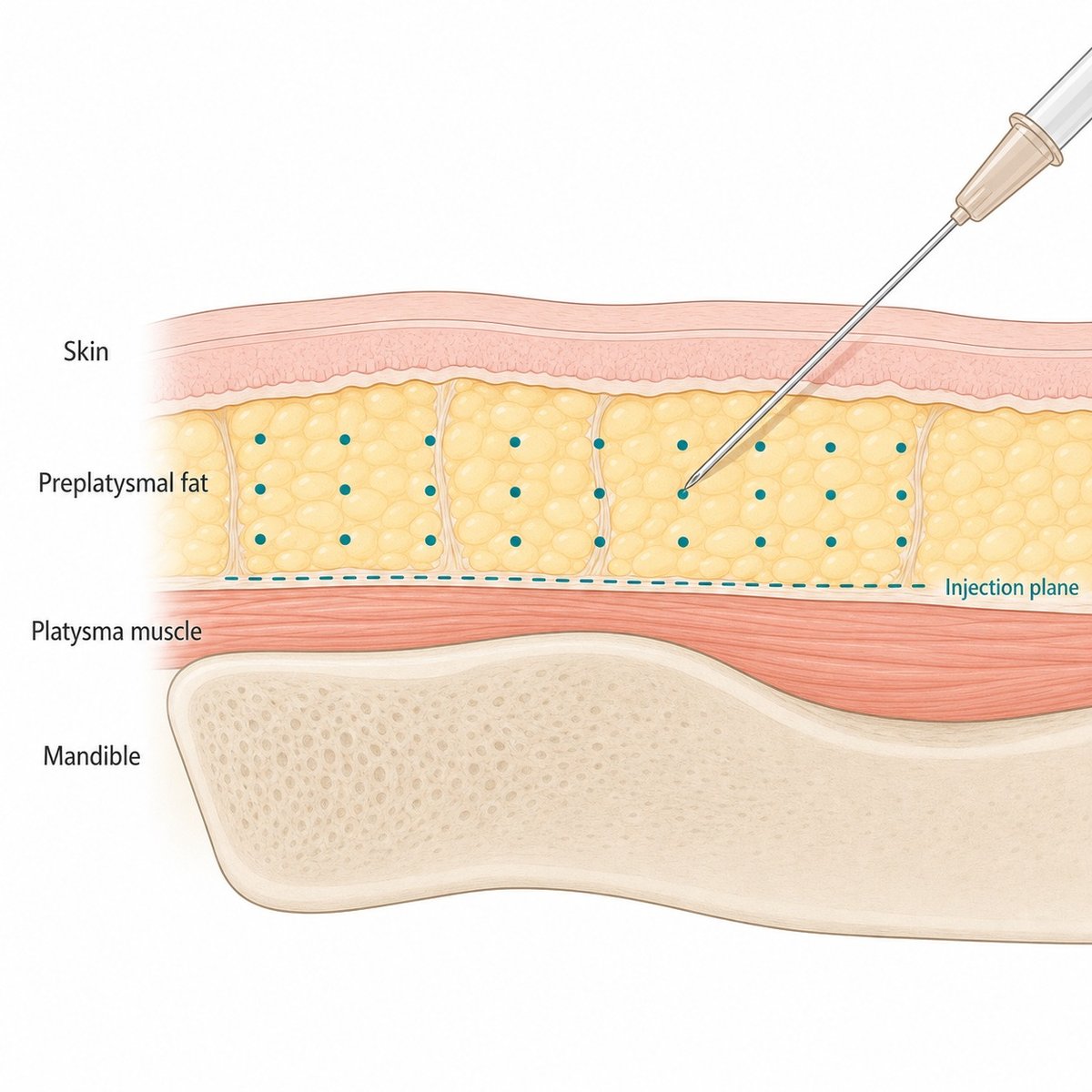 Cross-section of the under-chin area showing the preplatysmal fat compartment above the platysma muscle and the injection plane a needle reaches
