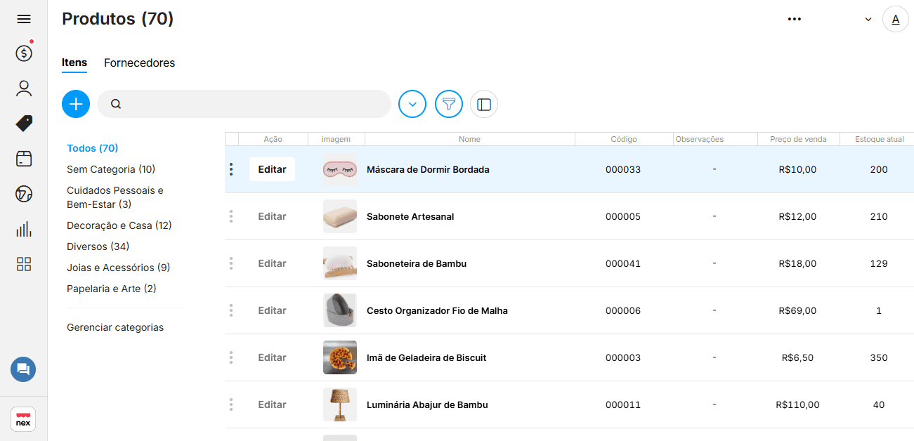 Tela de gerenciamento de produtos do Nex, com lista de itens, categorias, códigos, preços de venda e quantidade em estoque.