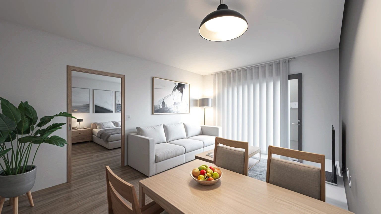 Alternate view of the living room in a one-bedroom apartment showcasing the dining area, modern furniture, and minimalist decor.