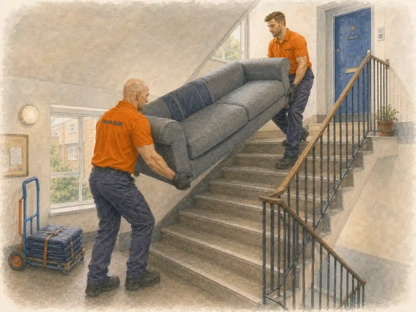 Two van drivers collecting a washing machine from a UK home and loading it into an open white van with a trolley and moving blankets nearby.