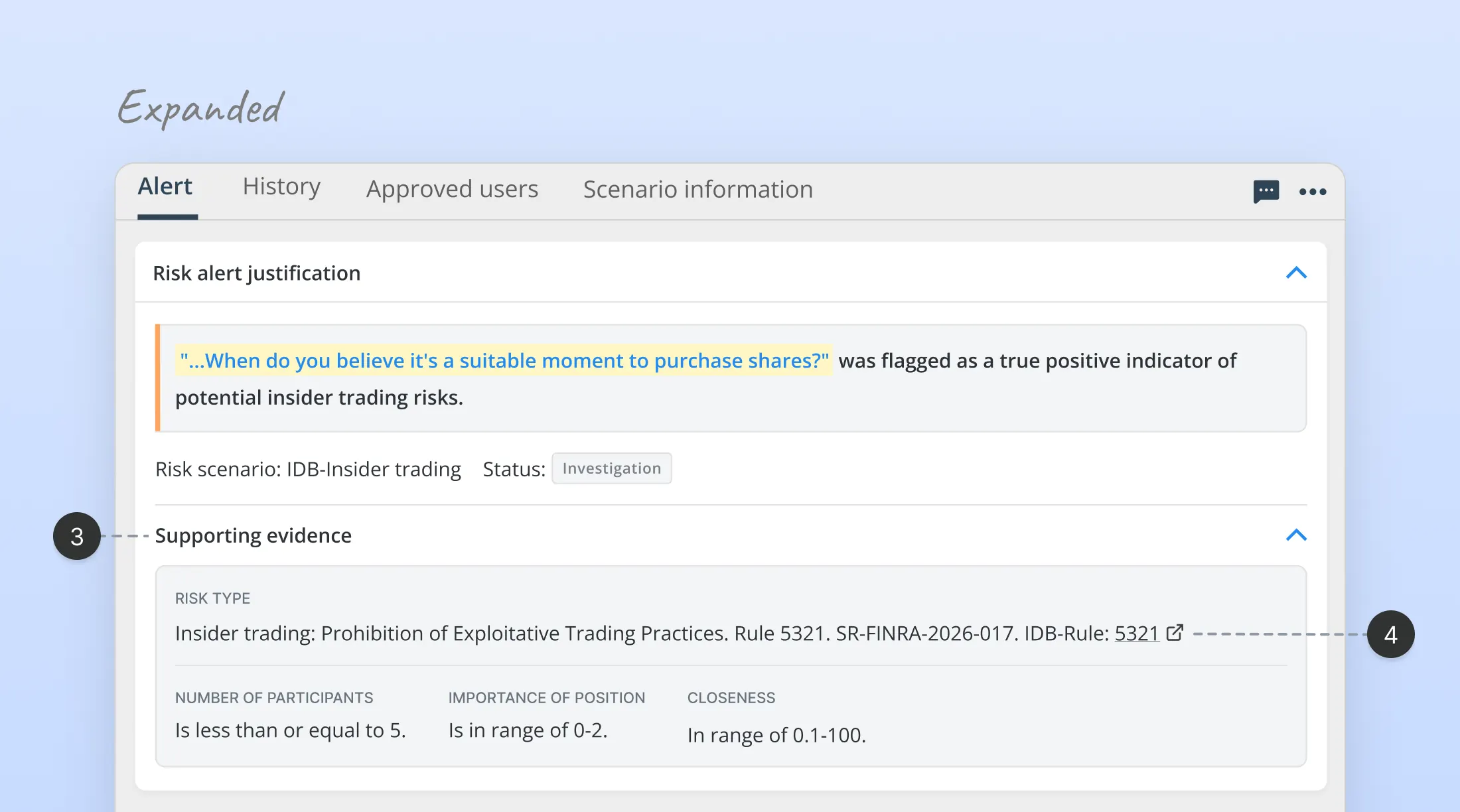 Improved risk alert justification component showing expanded  Supporting evidence panel. Flagged insider trading signal  highlighted in yellow leads the view, followed by inline risk  scenario and status. Secondary regulatory metadata accessible  via clean external link. UX case study by Yanick, senior  product designer.