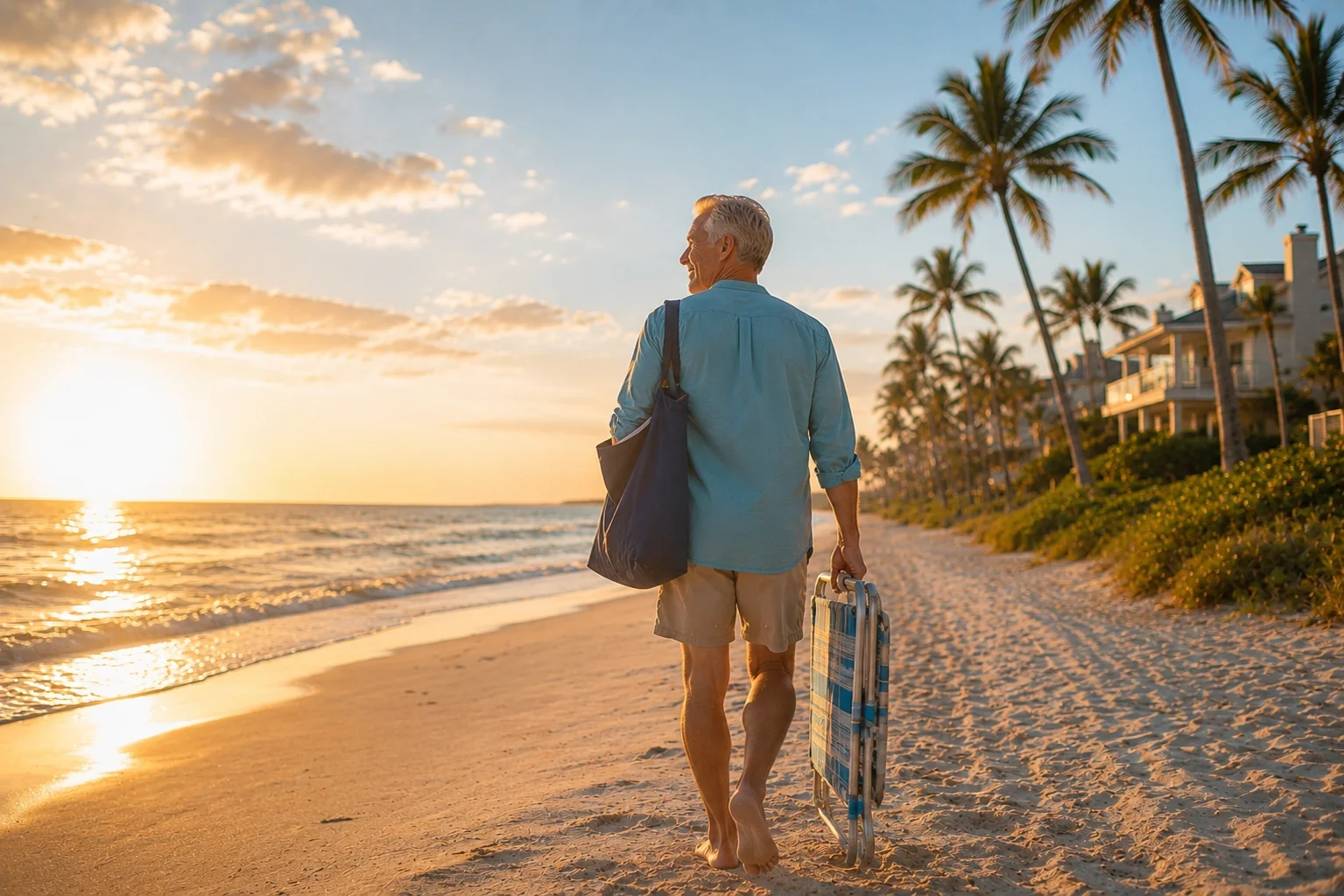 Florida Orthopedic & Spine Institute patient resource, older adult carrying a beach chair to the shore in Naples, Florida