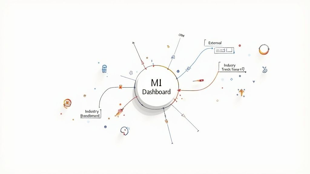 A colorful mind map illustrating an MI Dashboard connected to CRM, external data, and industry insights.