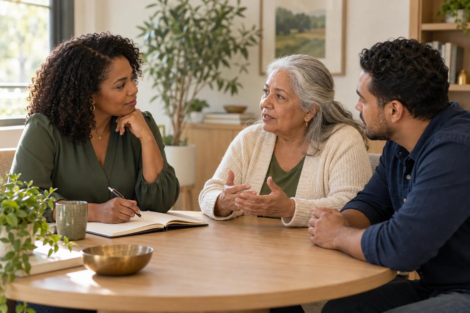 An older woman and her family member having a thoughtful conversation