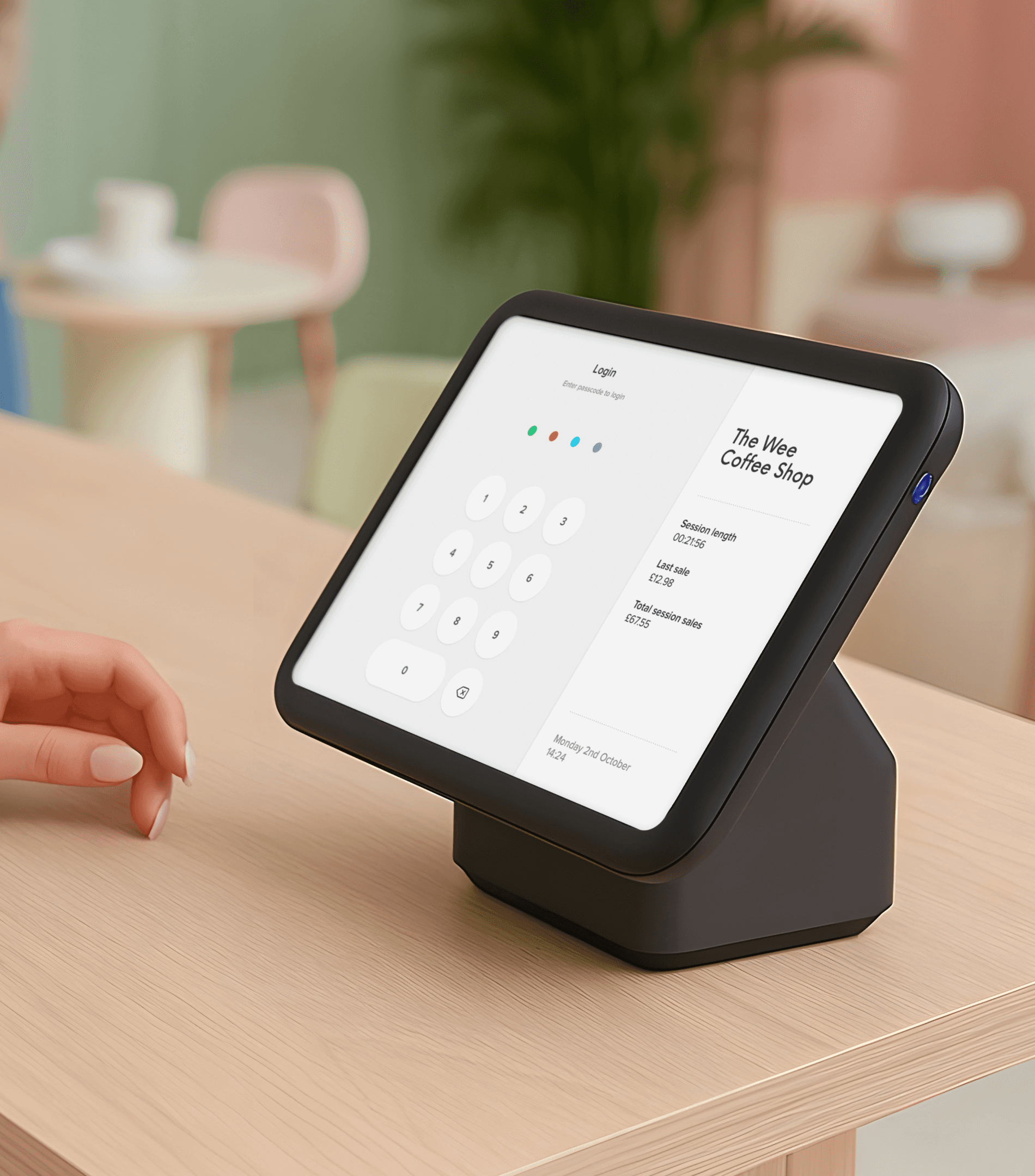 Akru till login interface with numeric keypad and session sales summary in coffee shop setting