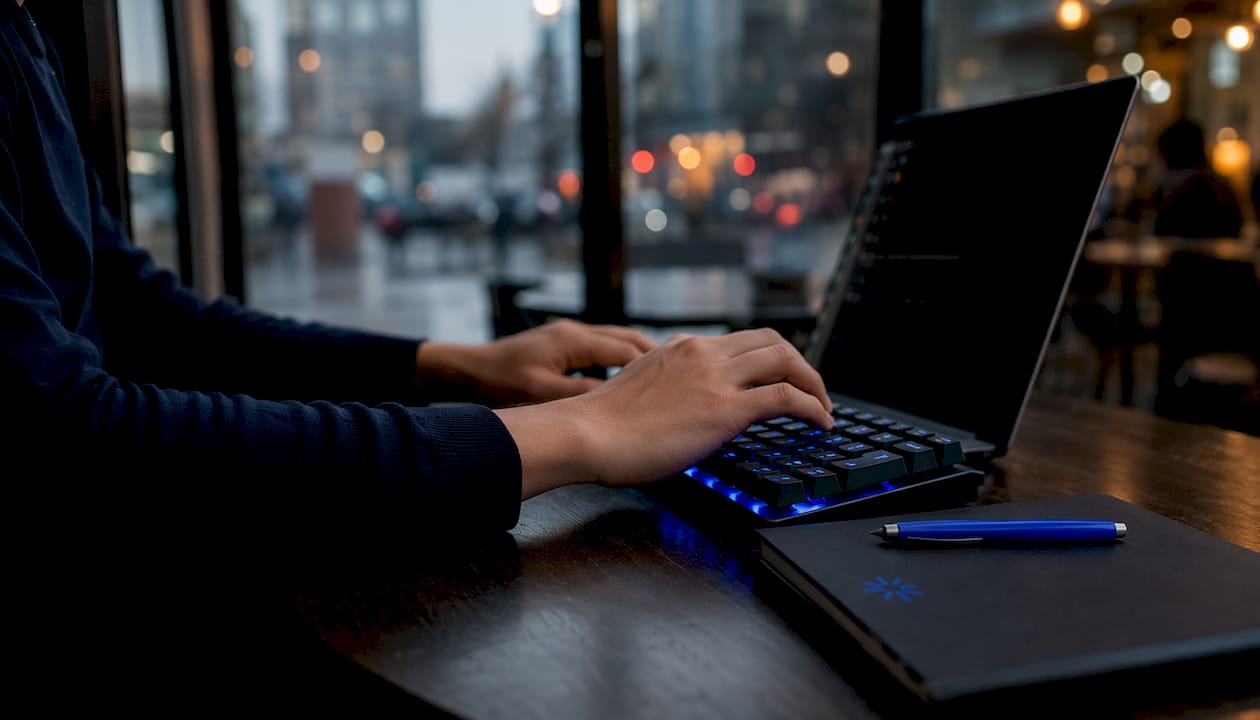 Developer hands typing on keyboard with dark devices