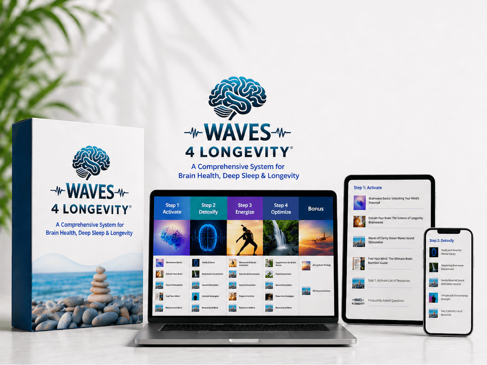 WAVES 4 Longevity program displayed on laptop, tablet, and phone, promoting brain health, deep sleep, and longevity.