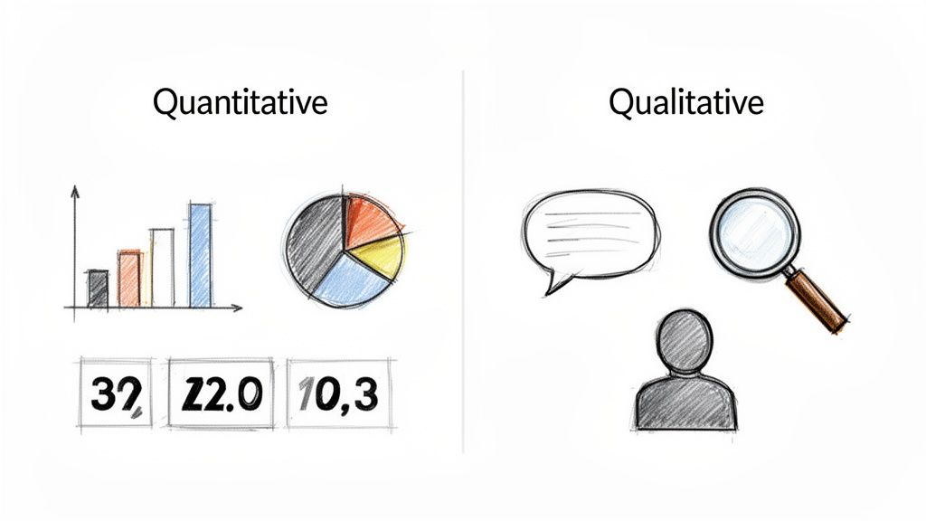 Hand-drawn comparison of quantitative research (charts, numbers) and qualitative research (conversation, observation).