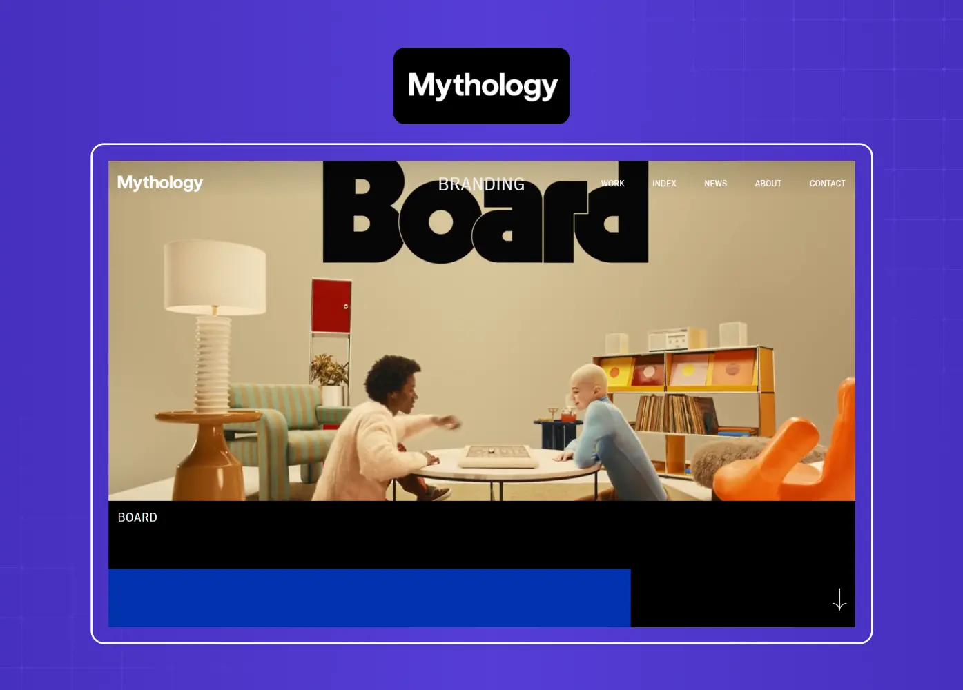 Homepage of Mythology's branding portfolio featuring immersive visuals and cinematic storytelling for client work.