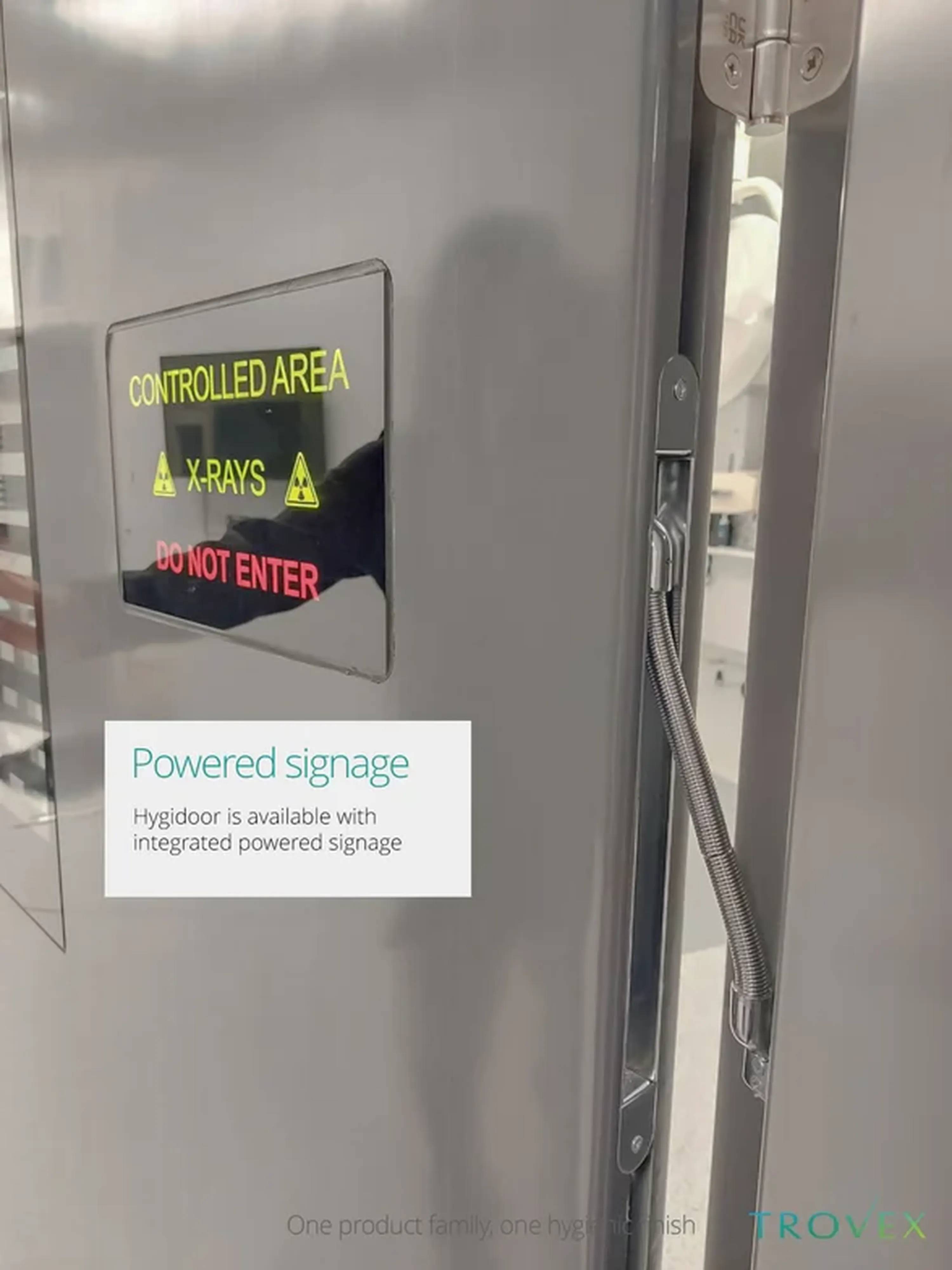 A close up and description of powered signage in Hygidoors