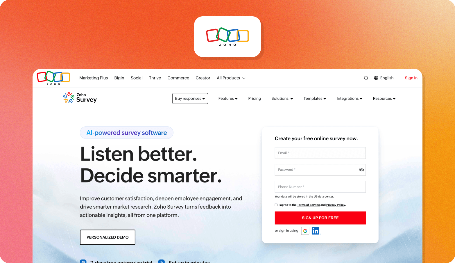 Zoho Survey homepage screenshot showing the tagline "Listen better. Decide smarter."