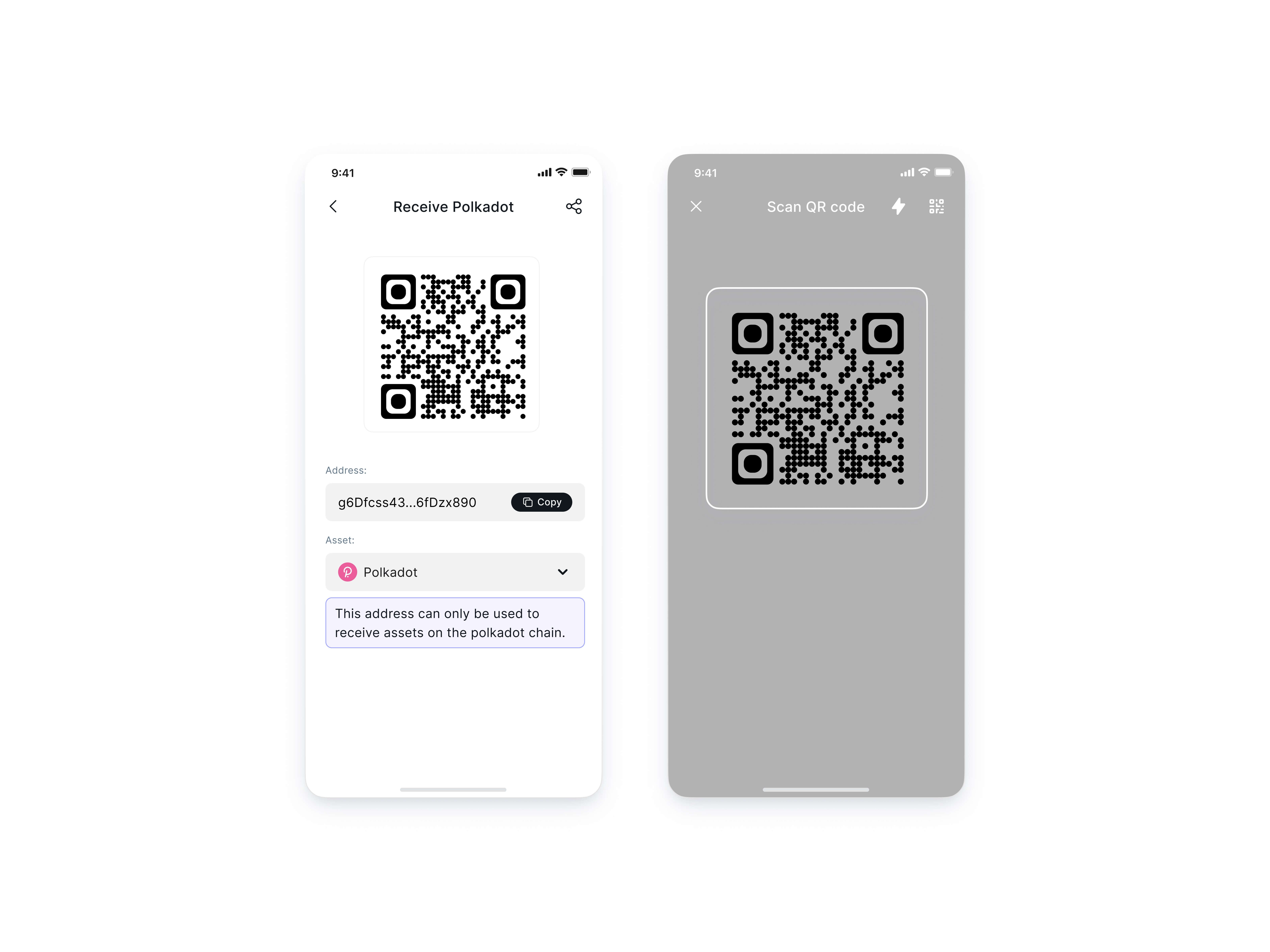 Laguna Wallet mobile interface showing QR code for receiving Polkadot assets with chain-specific address, copy functionality, and QR scanner view