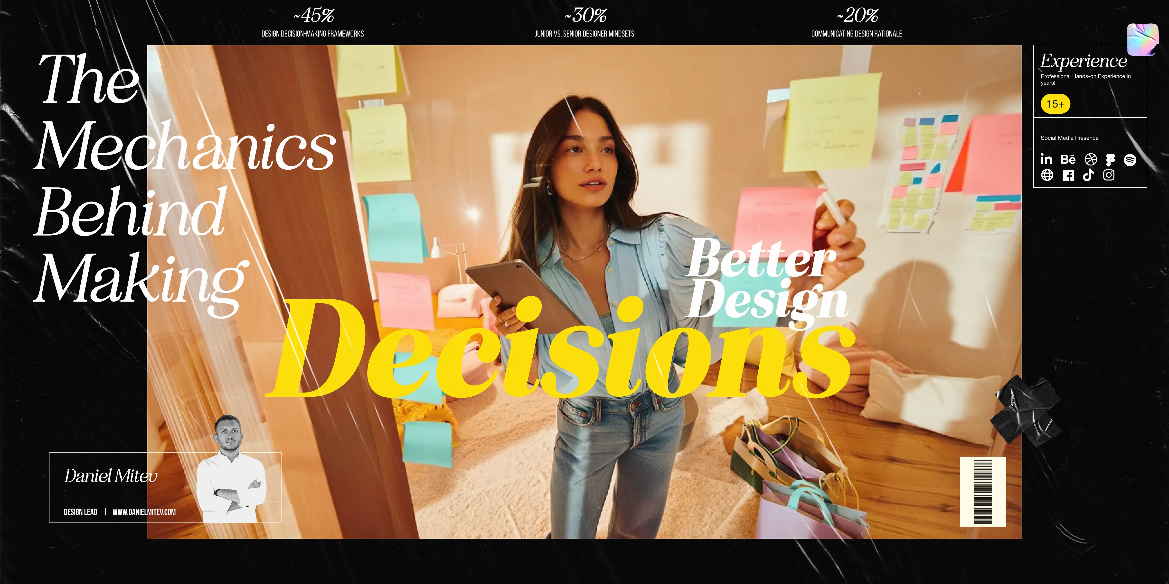A woman in a denim outfit stands in a modern office, actively engaged in decision-making as she writes on colorful sticky notes attached to a glass wall, surrounded by a warm ambiance and natural light, illustrating effective organizational strategies and creativity in design.