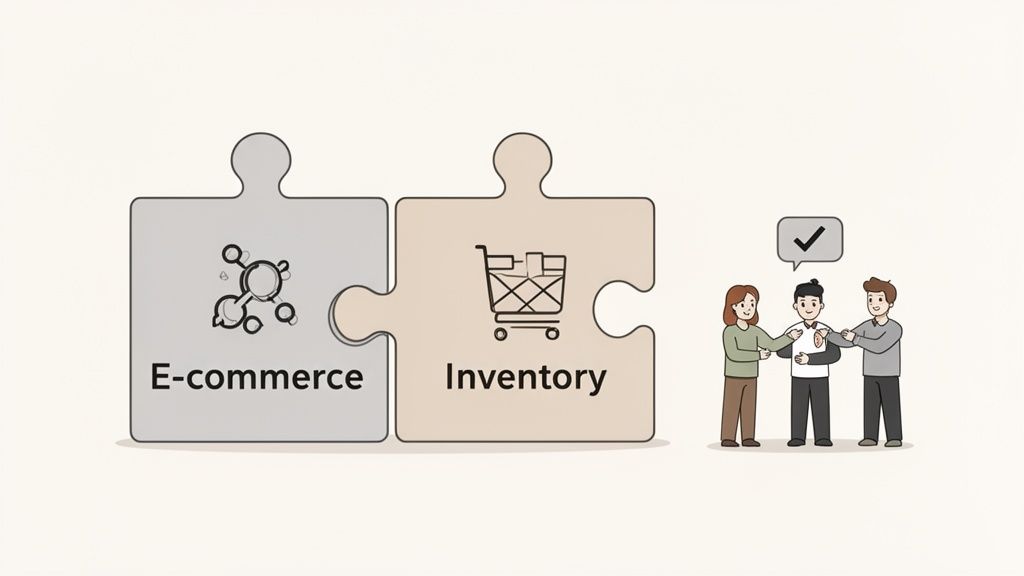 Two puzzle pieces representing 'E-commerce' and 'Inventory' connect, symbolizing business integration, with three people collaborating.