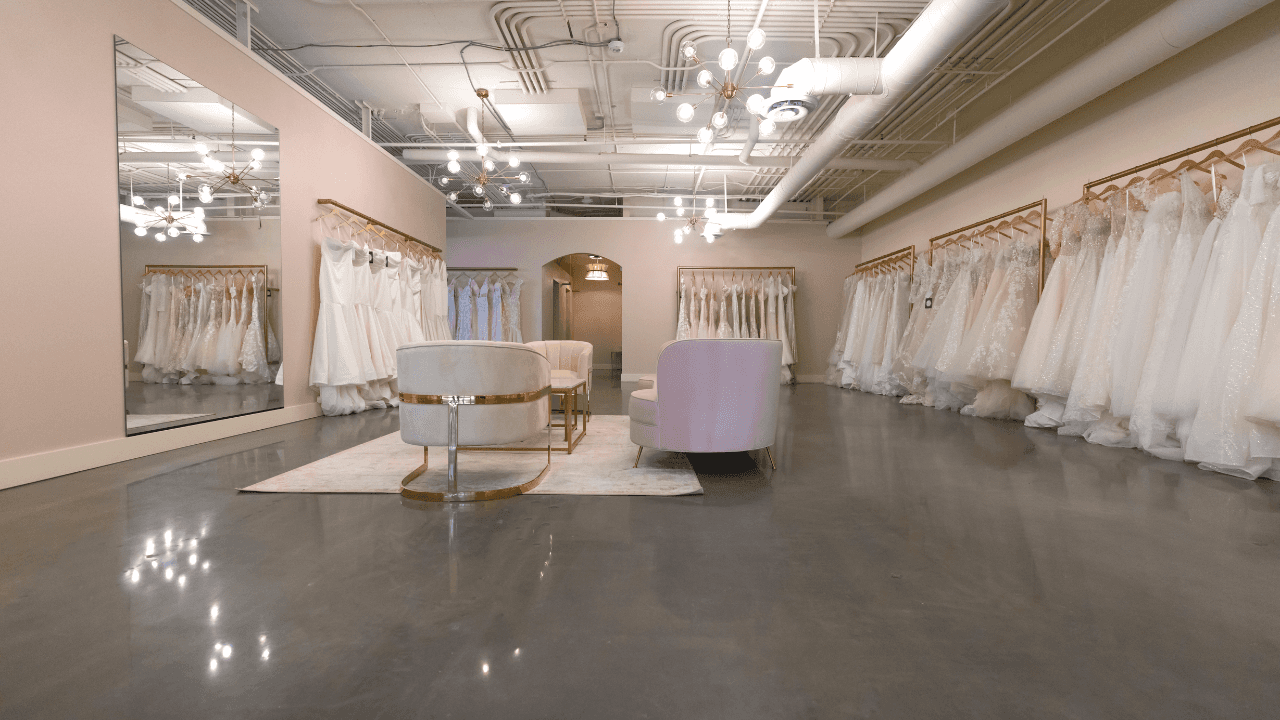 Polished concrete floor in a bridal boutique showroom
