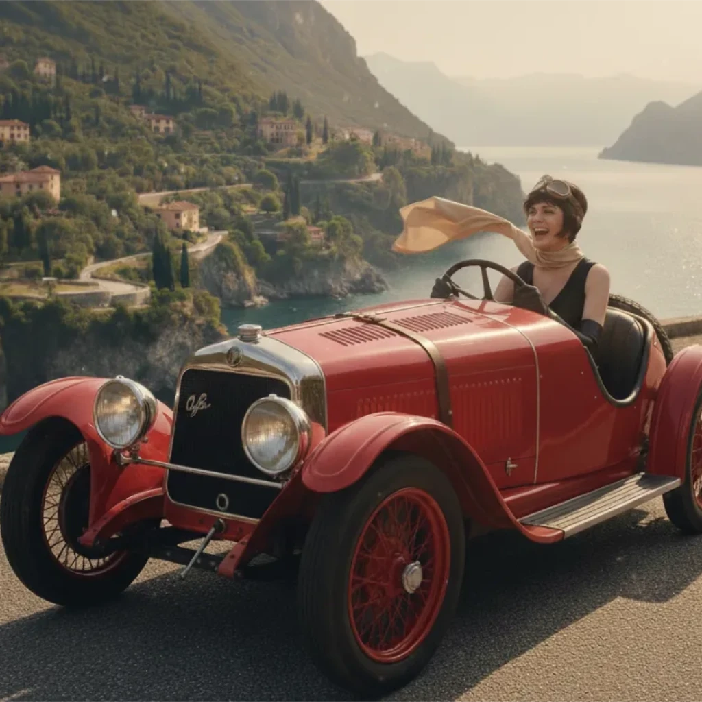 AI photography 1960s woman sitting in classic Alfa Romeo, vintage styling, cinematic sunlight, retro lifestyle photography