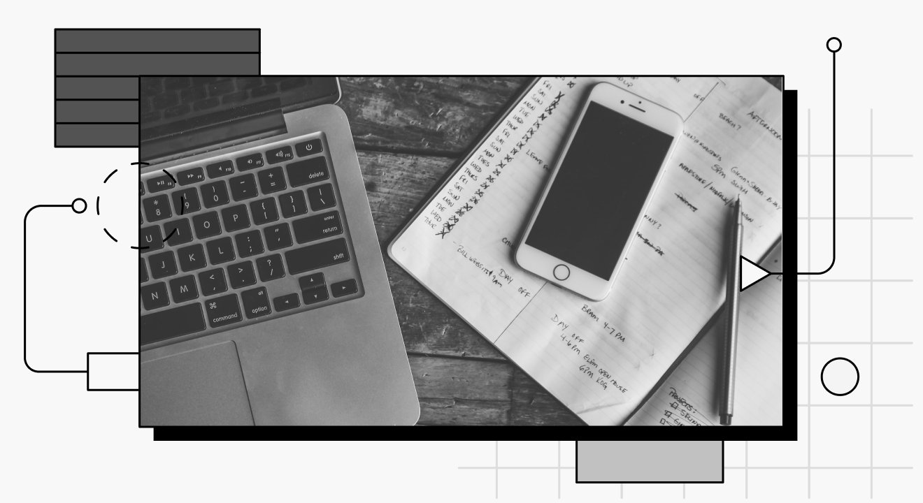 decorative cover image showing an aerial view of a desk with a laptop and an iphone