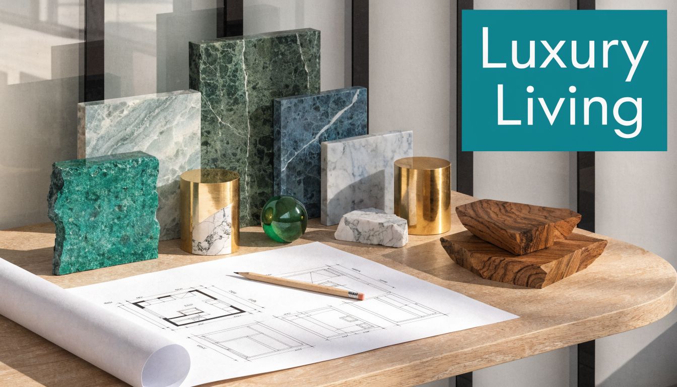 Architectural floor plans and material samples, including marble, stone, and wood, on a wooden table.
