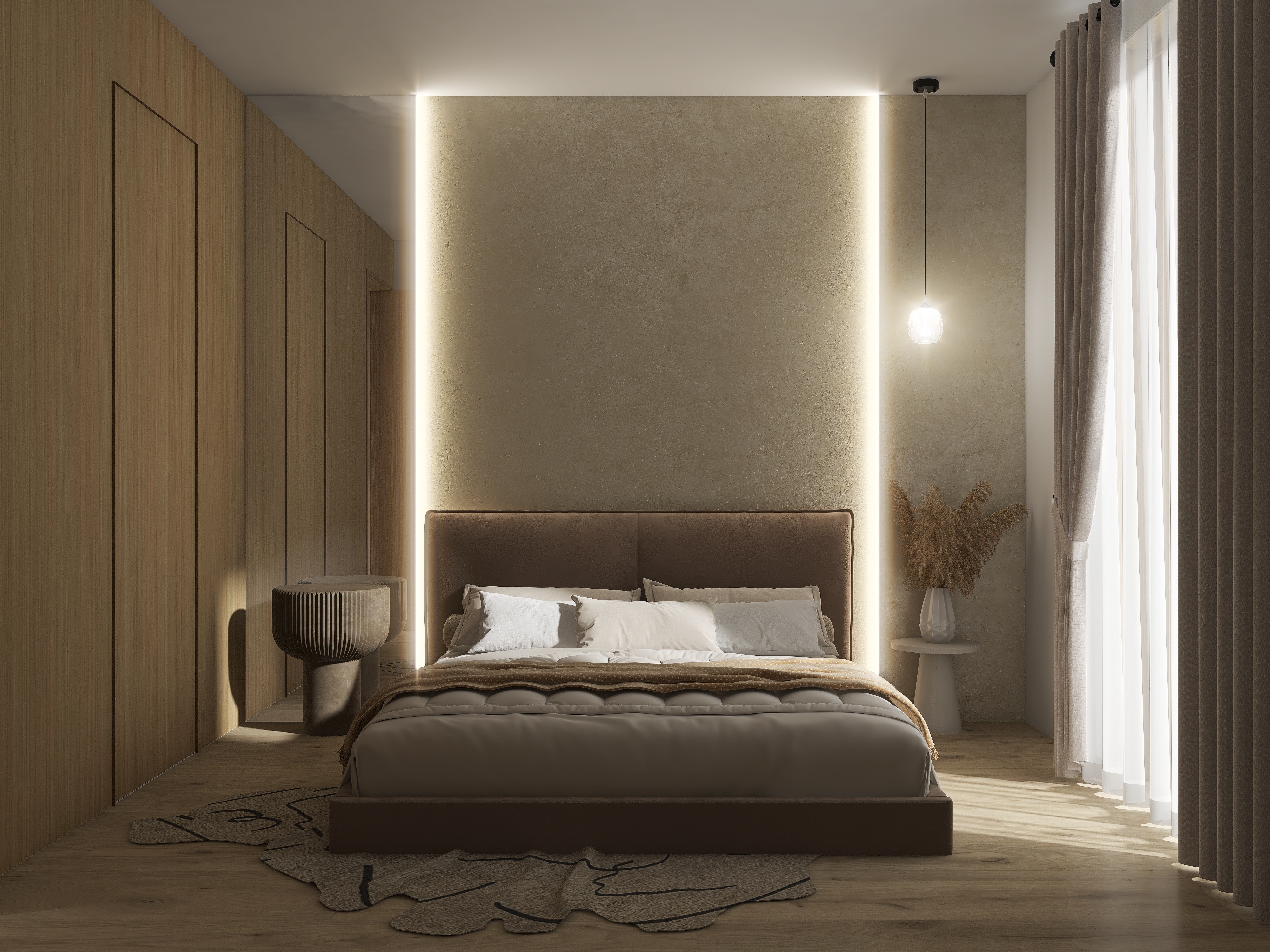 vysvietená spálňa