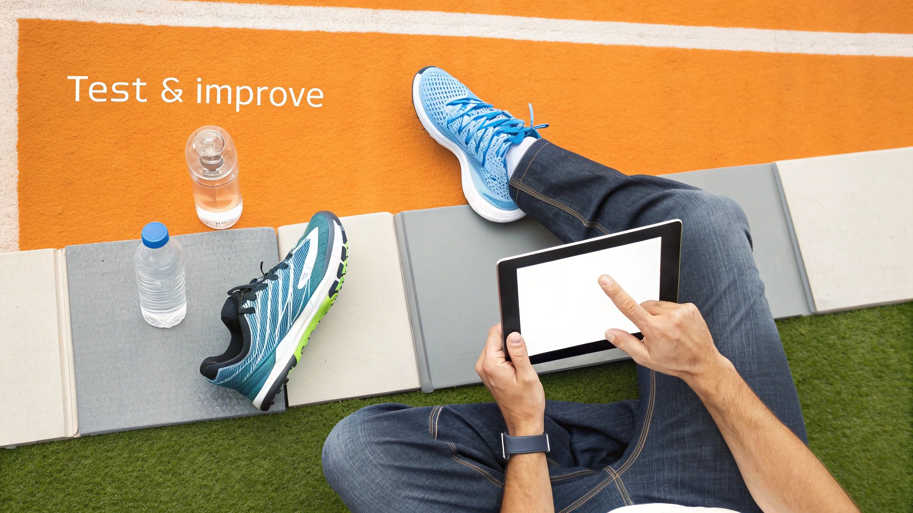 Overhead of person on track with running shoes, water, and tablet with 'Test & improve' text.