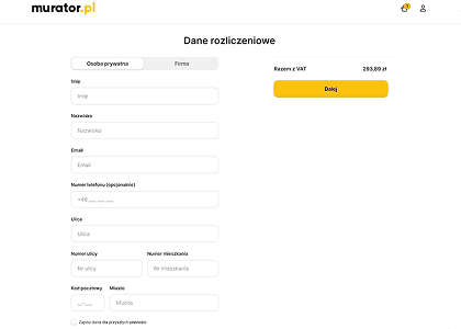 Mobile checkout screen for Murator featuring a "Billing Details" form with a toggle to switch between Private Person and Company profiles.