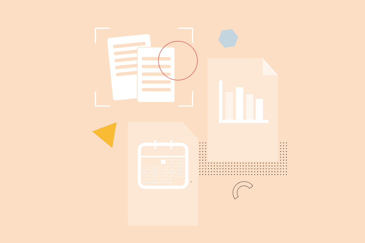 Multiple illustrations of a chart, a calendar, and documents. These are presented on a peach-coloured background. 