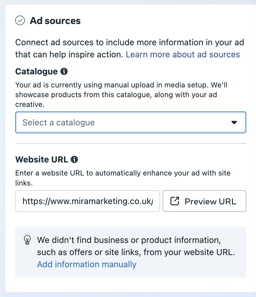 Meta ads manager adding website URL into ad sources