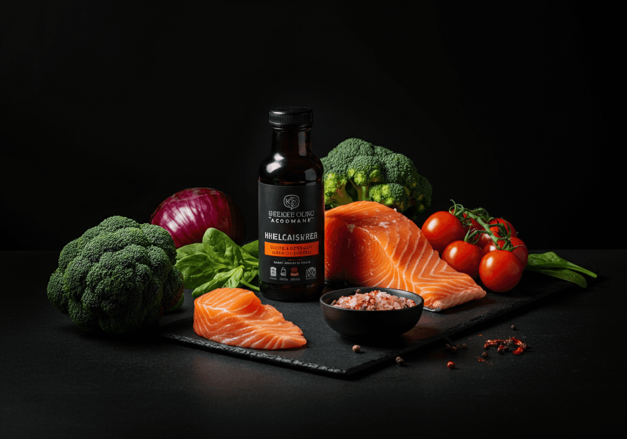 Professional photography of fresh healthy ingredients on a dark matte black surface, moody lighting, shallow depth of field, high contrast, warm orange-red accents, minimalist composition, dark food photography style, dramatic shadows, lifestyle health concept
