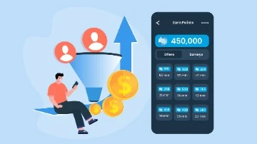 Man earning points via a mobile app with a conversion funnel.