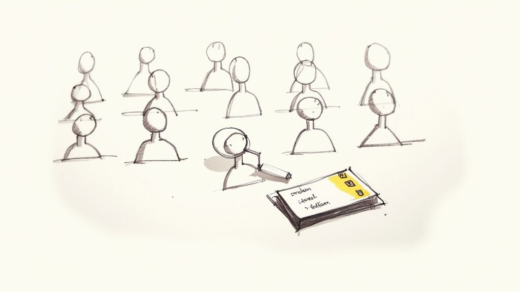 Illustration of an individual taking notes on a checklist in front of an audience.