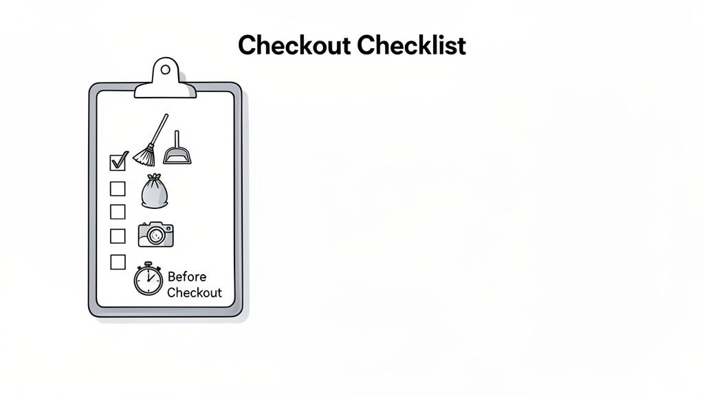 Clipboard with a 'Checkout Checklist' featuring cleaning tools, a trash bag, camera, and 'Before Checkout' timer.
