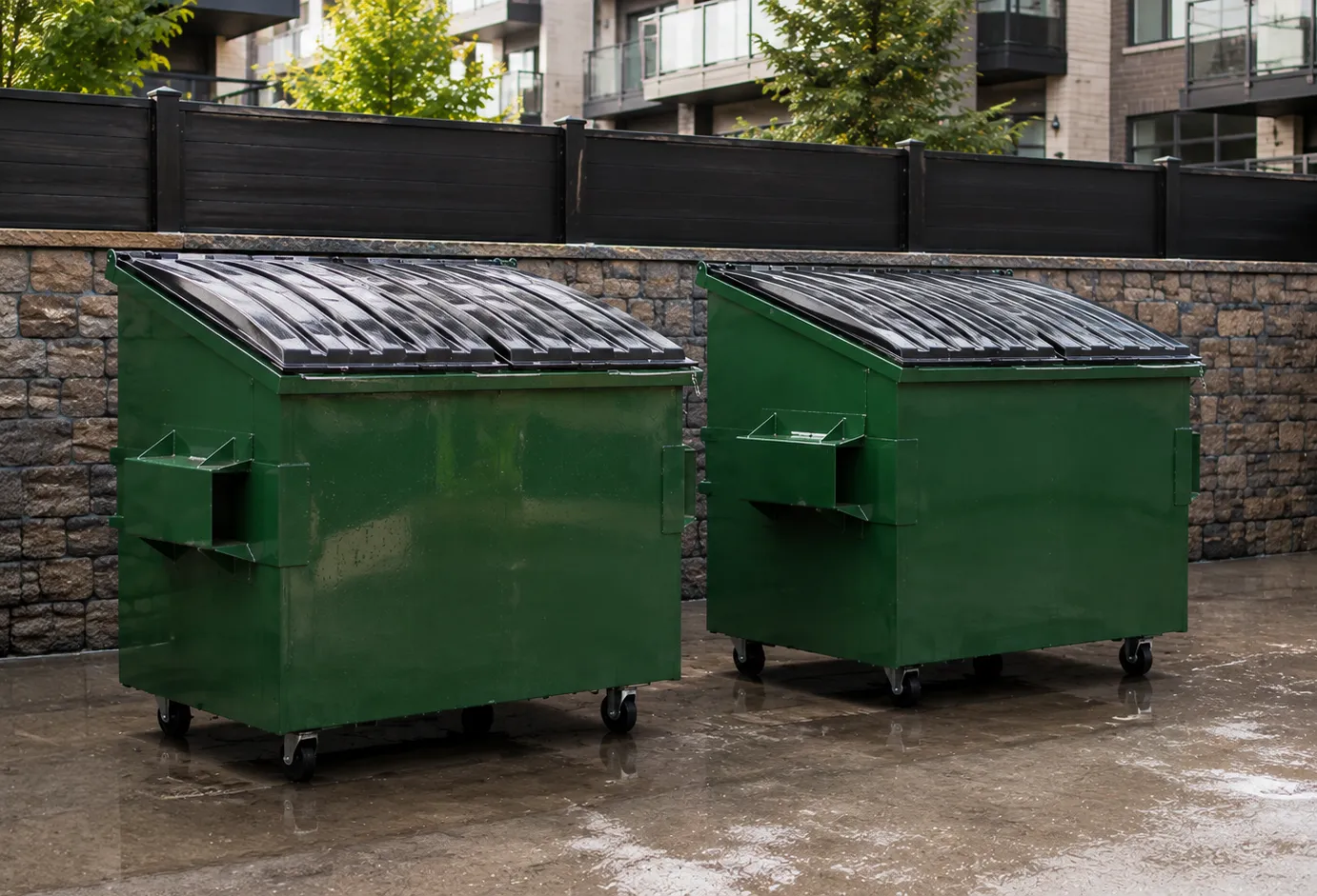 Conteneur à déchets cote à cotes dans une instalation de co-propriété.