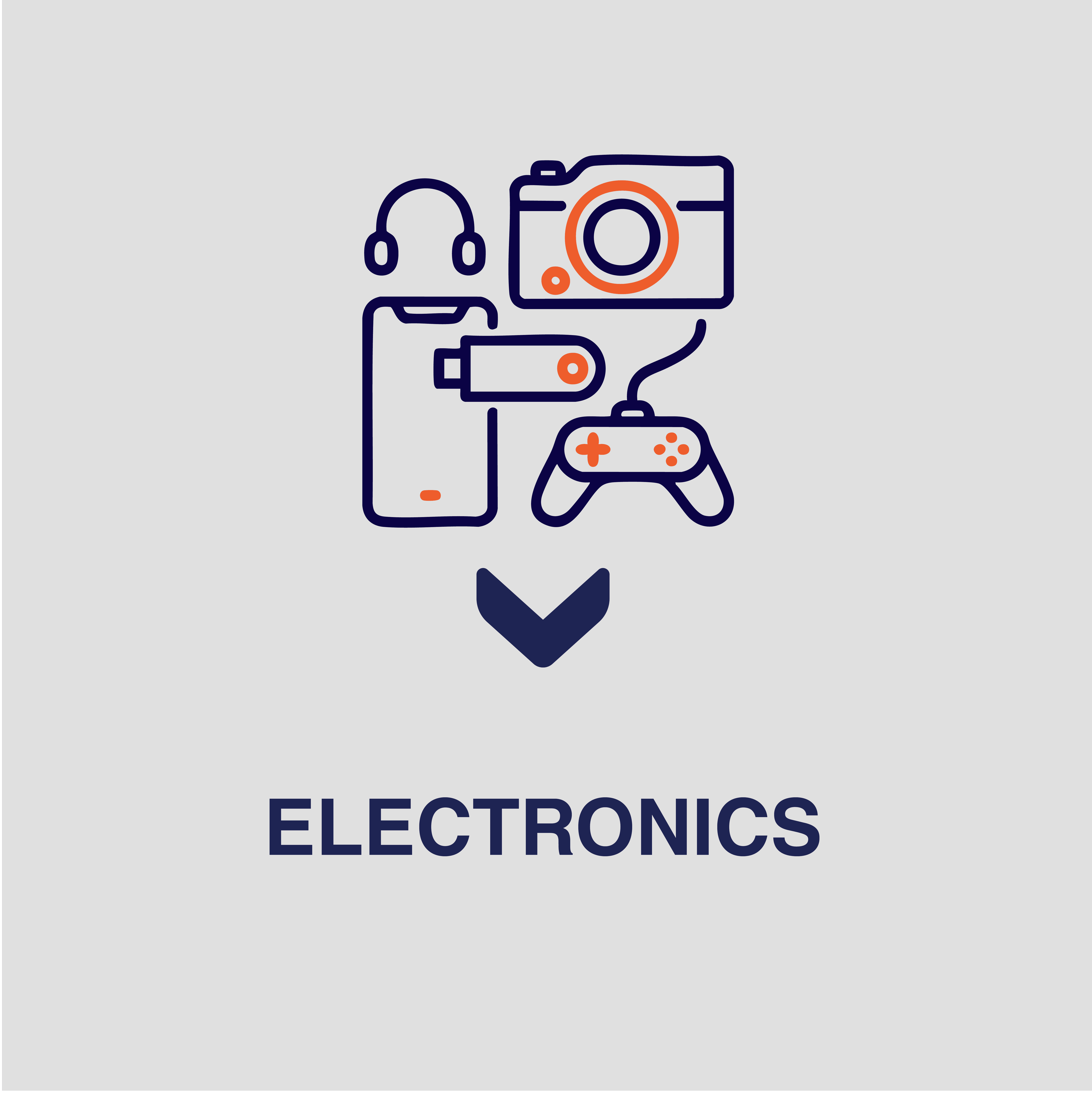 icon in blue of different electronics on a white background with blue text that says electronics