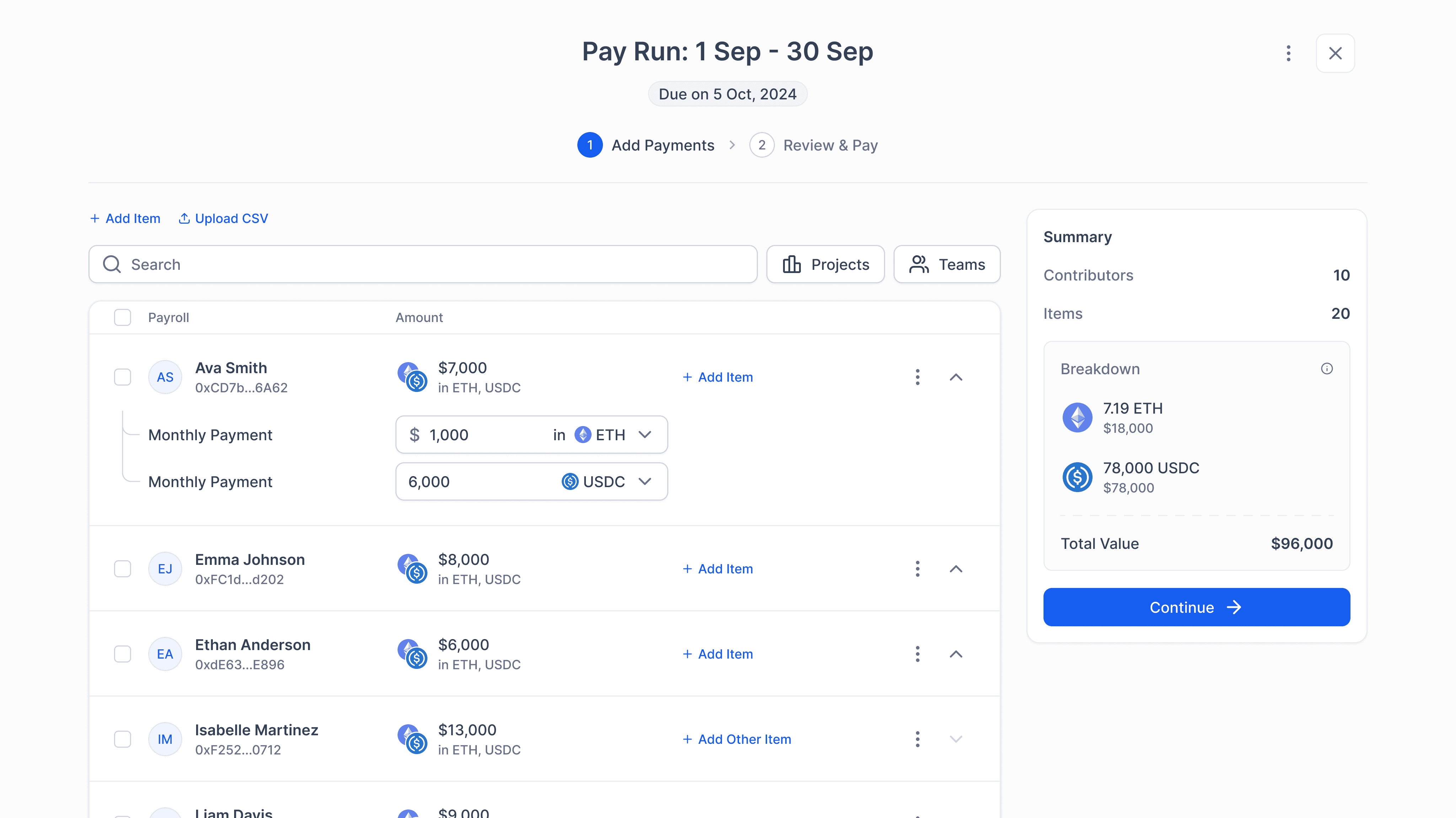 Payroll processing UI with pay cycle information.