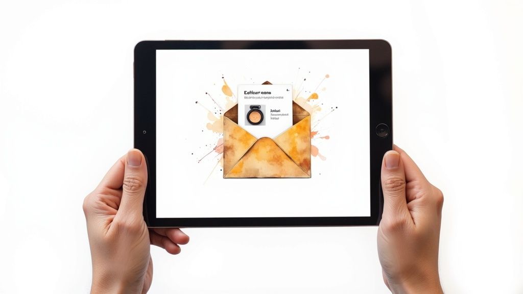 Hands hold a tablet displaying an open envelope with a card showing a makeup compact and text.