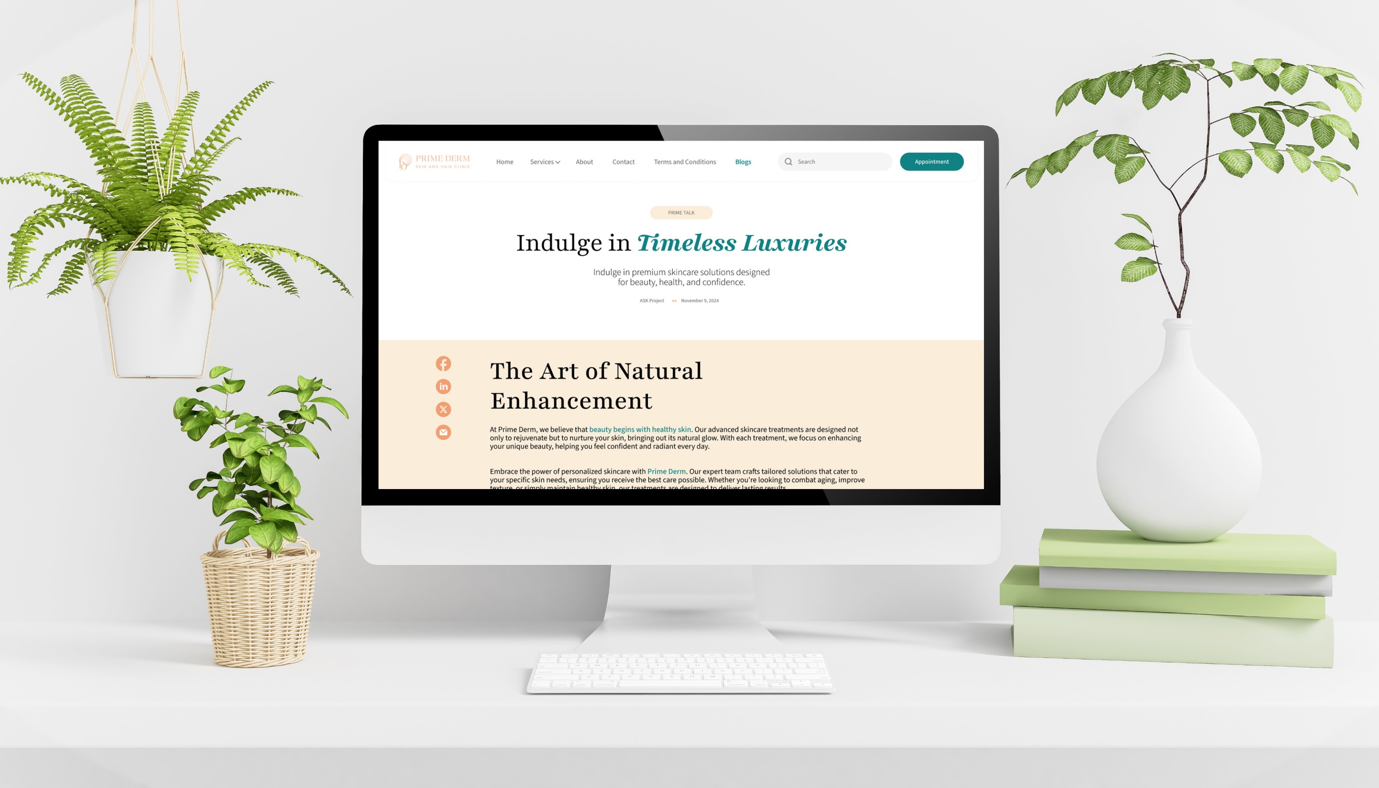 Computer monitor displaying the Prime Derm skin and hair clinic website with the section 'Indulge in Timeless Luxuries' and 'The Art of Natural Enhancement,' featuring a clean and modern design with green plants on either side.