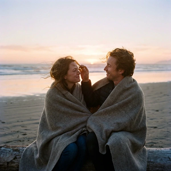 Couple wrapped in a gray blanket sit on driftwood at sunset, smiling as the man touches her windblown hair, conveying warmth and intimacy.