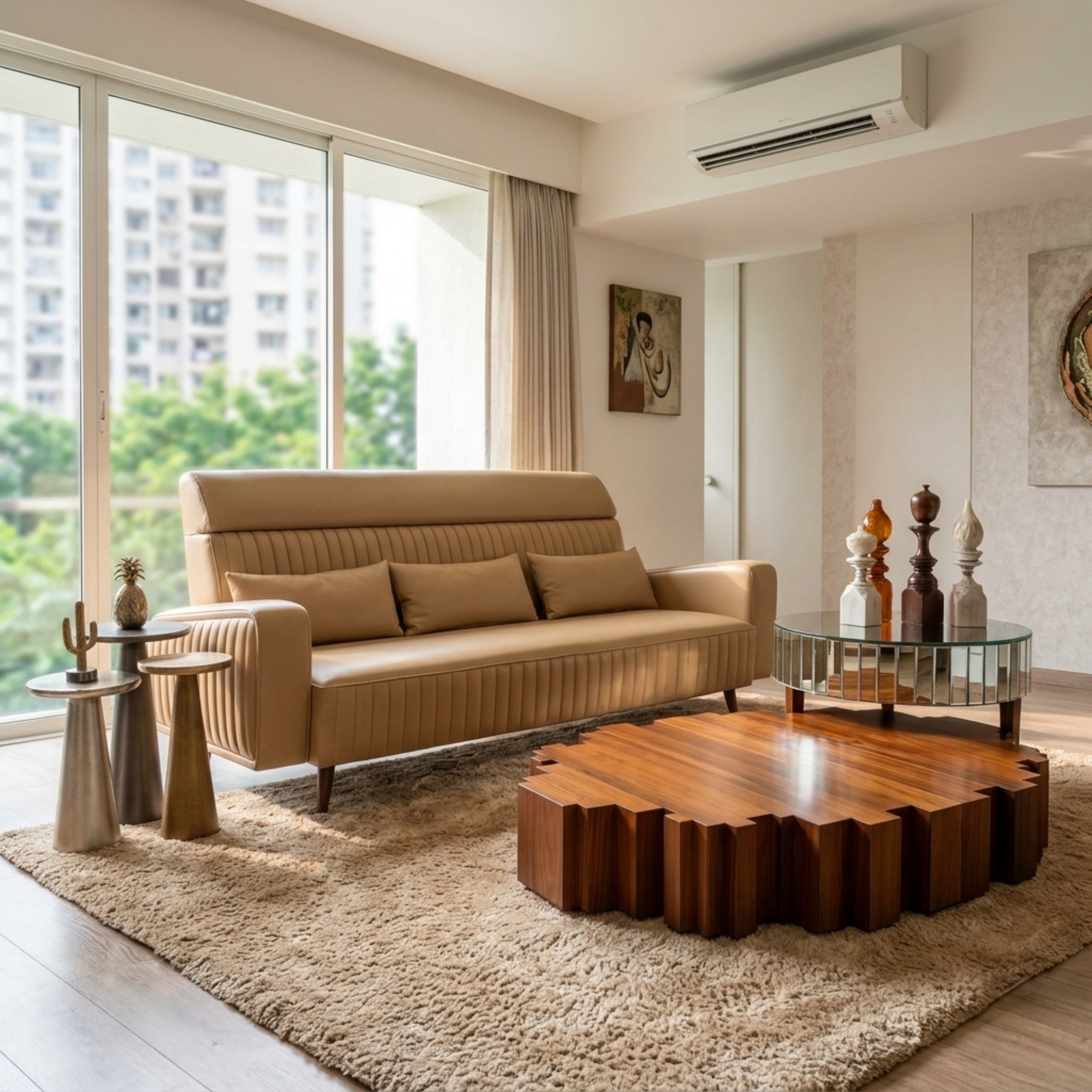 Three-seater fabric seating with vertical channel detailing and brass-tipped wooden legs