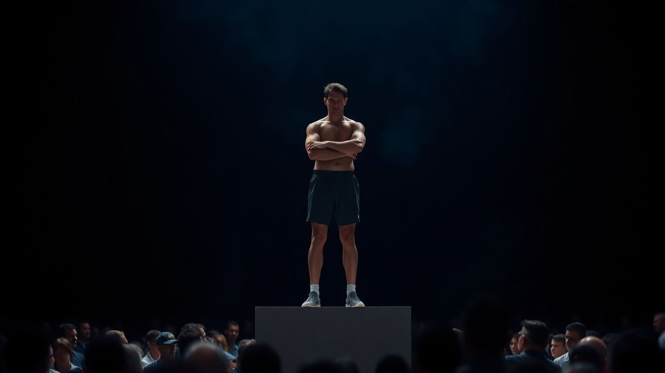 Athlete on podium with crowd below.