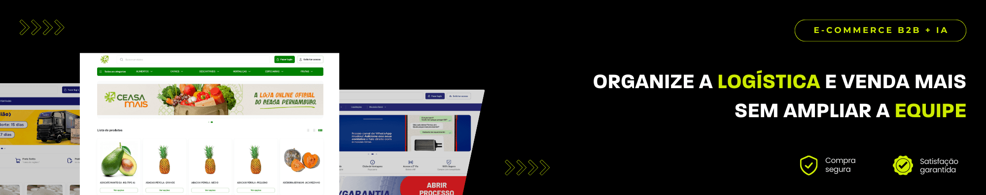 Banner horizontal com fundo escuro, ícones de segurança e satisfação, e imagens de lojas B2B exibidas à esquerda. Elementos gráficos em verde destacam o tema de e-commerce B2B com IA.