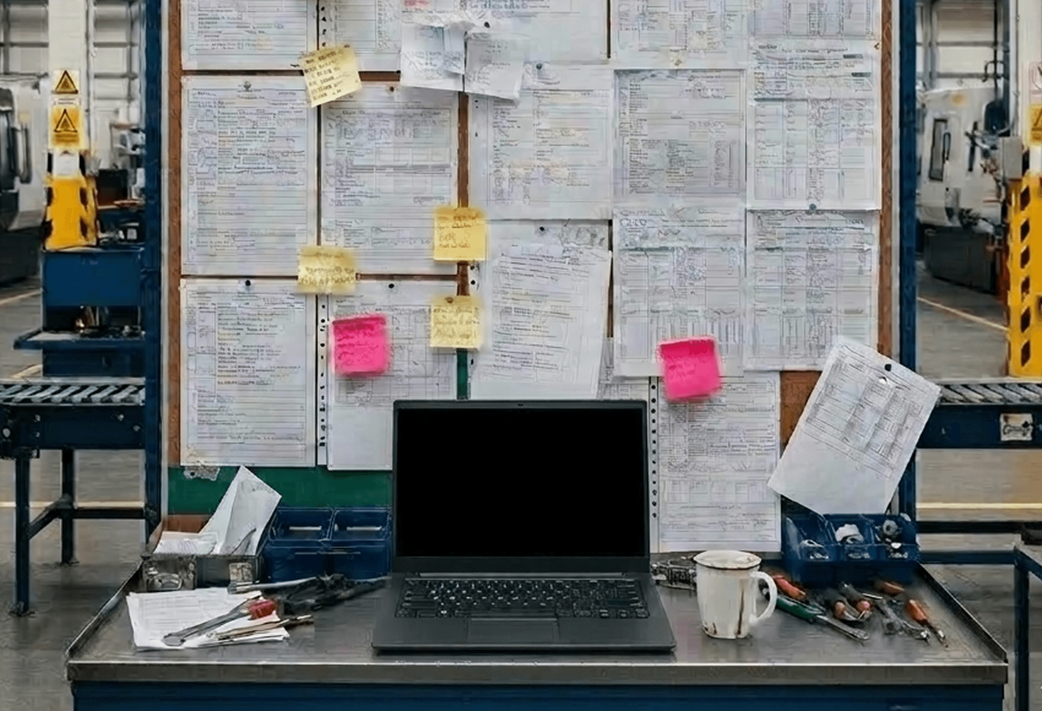 A manufacturing shop floor workstation showing a mess of documents and standard operating procedures