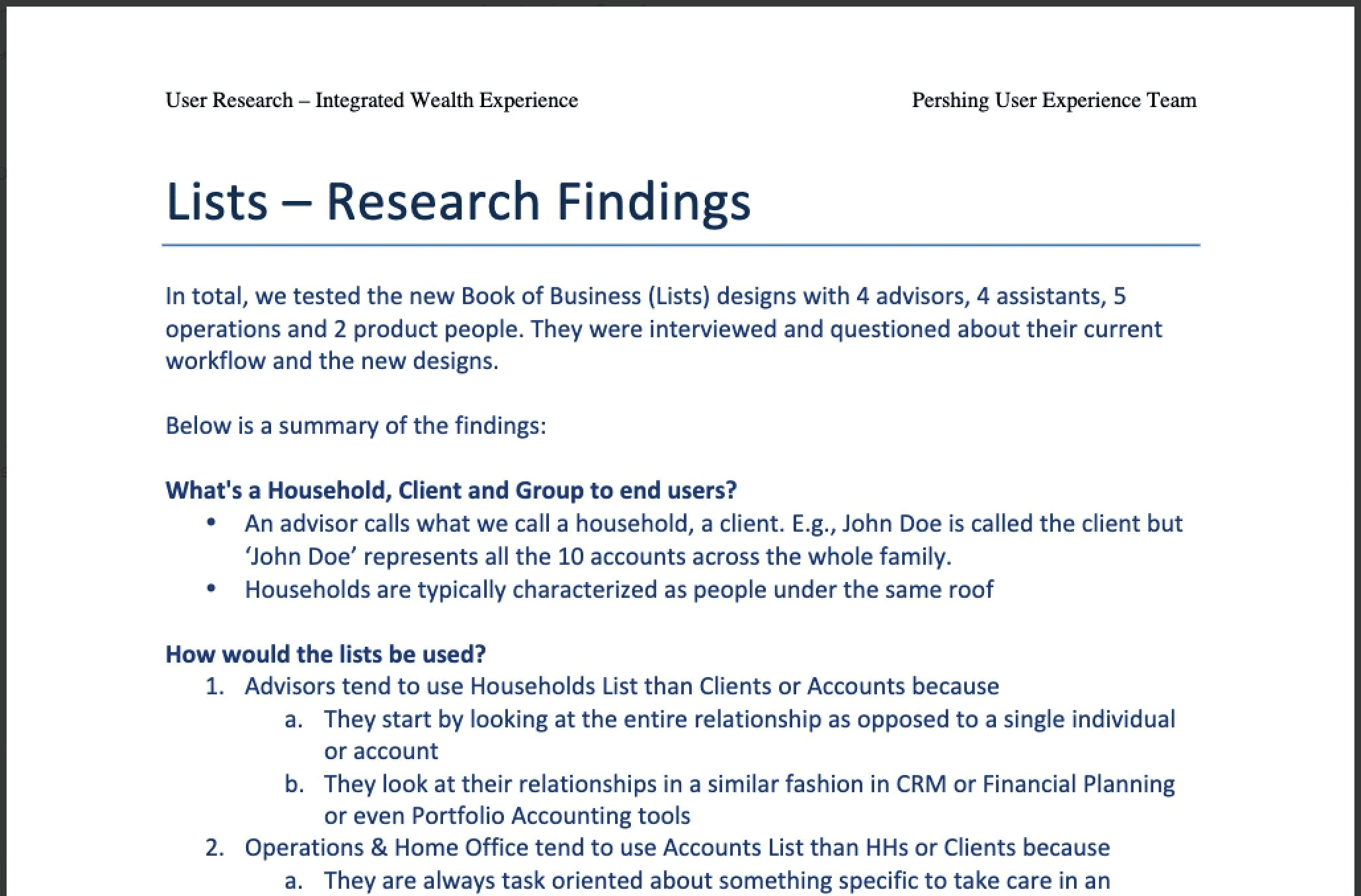Findings doc of a specific area