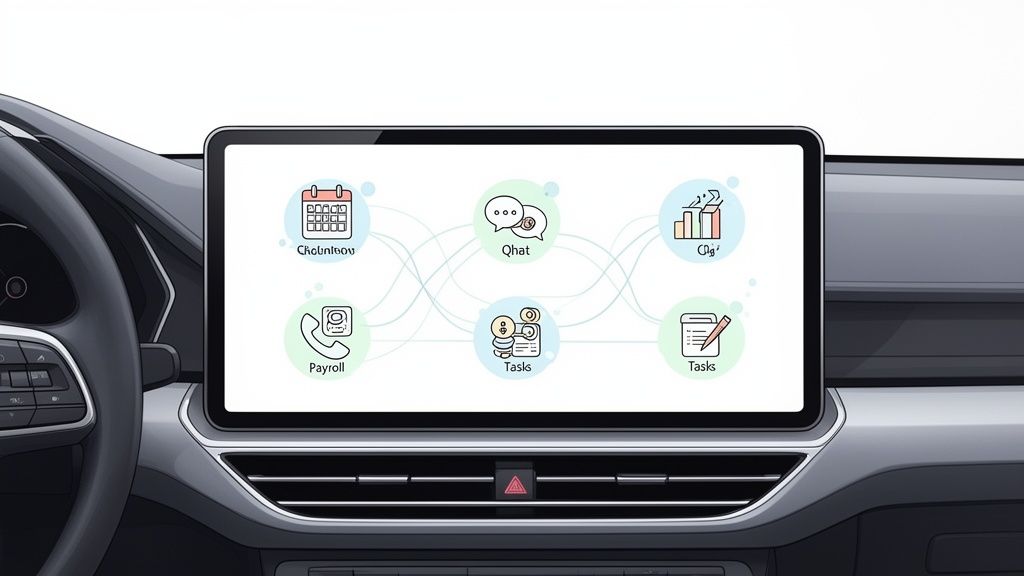 Car infotainment screen displaying interconnected business apps for scheduling, chat, payroll, and tasks.