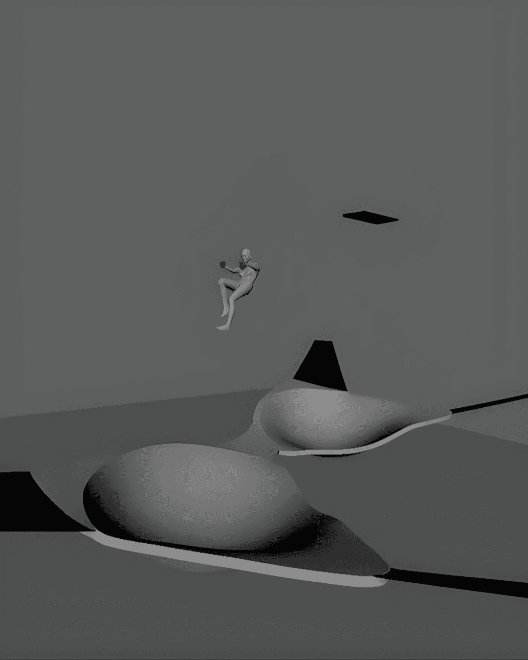 A grayscale 3D blocking render shows the simplified geometry of the inflatable and the falling character