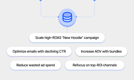 AI suggesting actions like "Optimize onboarding flow" and "Raise pricing tier" based on user data.